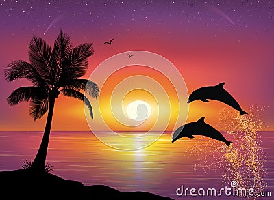 Silhouette of palm tree and dolphins. Vector Illustration