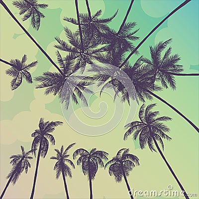 Silhouette palm tree in flat icon design at sunset with vintage filter background vector Vector Illustration