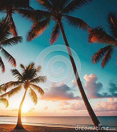 Silhouette of palm tree on sandy beach at tropical seaside, generative ai Cartoon Illustration