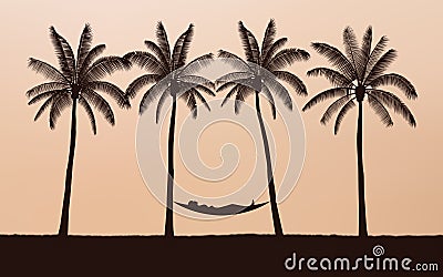 Silhouette palm tree with woman in hammock on beach under sunset sky background Stock Photo