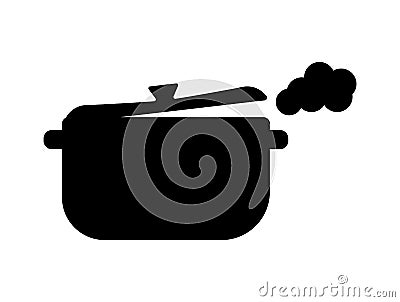 Silhouette pan with ajar lid and steam. Outline icon of cooking hot dishes. Black illustration for soup, roast, porridge, pasta. Vector Illustration