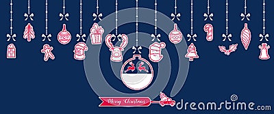 Silhouette. Paper christmas ornaments hanging with ribbon isolated background. Vector Illustration