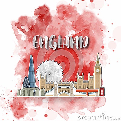 Silhouette Paper of England on the splash watercolor in color of Global Flag. Vector design template. use for business, banner, Vector Illustration