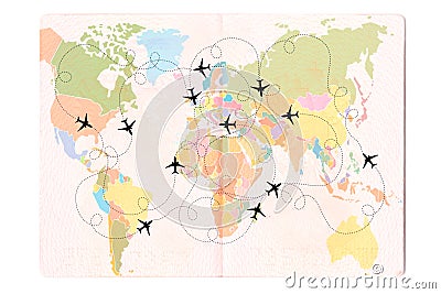 Silhouette of a passenger plane with dashed path lines in the Passport. World map, Travel concept. 3D illustration Cartoon Illustration