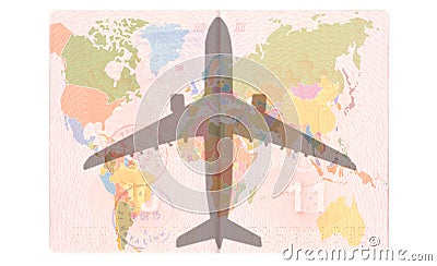 Silhouette of a passenger plane in the Passport. World map, Travel concept Stock Photo