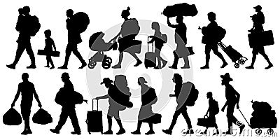 Silhouette people with bags and suitcases. Person with backpack. Isolated set of vector illustration Vector Illustration