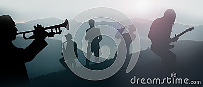 Silhouette people of band musicians in the mountains background. Idea, jazz band Cartoon Illustration