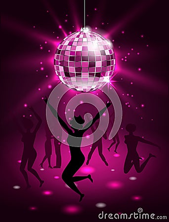 Silhouette People Dancing in Night-club, Disco Ball, Glitter Party Background Vector Illustration