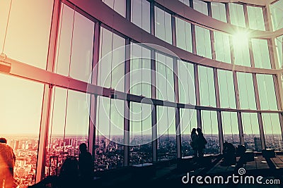 Silhouette people with Observation windows in Tokyo views Stock Photo