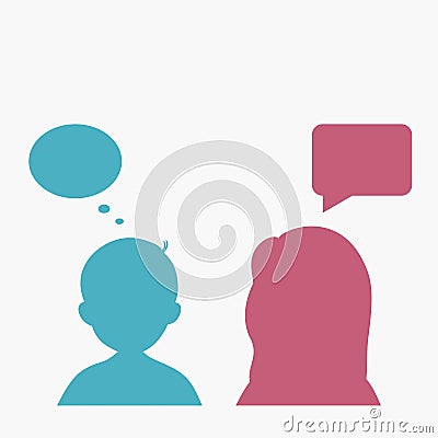 Silhouette people with speech bubbles. Man and woman think. Vector Illustration