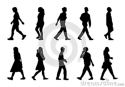 Silhouette people walking set, Black men and women on white background Vector Illustration