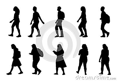 Silhouette people walking on white background, Lifestyle man and women set Vector Illustration