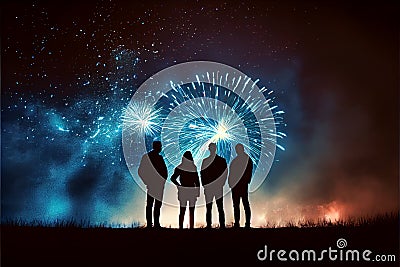 Silhouette of people watching amazing colorful fireworks display Stock Photo