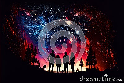 Silhouette of people watching amazing colorful fireworks display Stock Photo