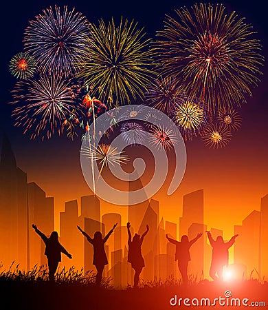 Silhouette of peoples enjoy watching firework show in the city. Stock Photo