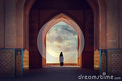 Silhouette of a Persian woman in national dress against the background of traditional Iranian architecture. Sunset. Iran. Kashan. Stock Photo