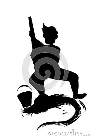 silhouette of a person cleaning the floor on a white background Stock Photo