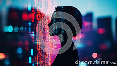 Silhouette of a person facing a digital projection of blue binary code and red data streams Stock Photo