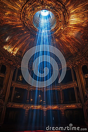 A silhouette of a person gazing up at the stunning stained glass dome in a historic building Stock Photo