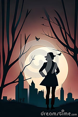 Silhouette of a person with hat watching the city Cartoon Illustration