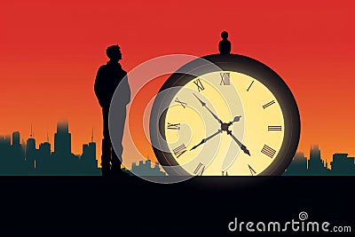 Silhouette of a person looking at big clocks, concept of time-saving Stock Photo