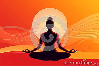 Silhouette of a person in a lotus pose against an abstract orange sunset landscape Stock Photo
