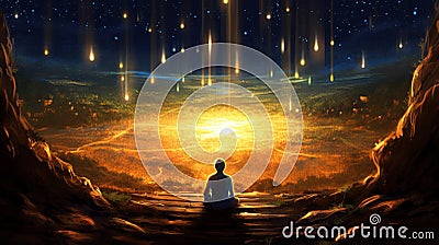 Silhouette of a person meditating in a magical landscape, observing golden sparkles raining from the sky. Generative AI Stock Photo