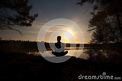 silhouette of a person meditating in nature serenity associated with yoga meditation Generative AI Stock Photo