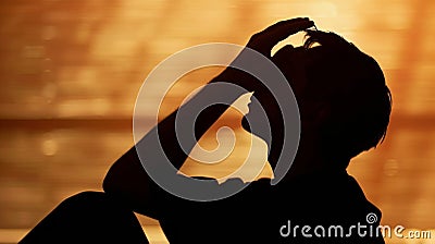 A silhouette of a person sitting crosslegged on the floor receiving a head and scalp massage. The touch of the thes Stock Photo