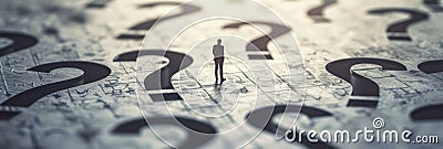 Silhouette of person standing among giant question marks, search for direction and answers Stock Photo