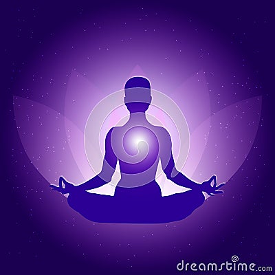 Silhouette of Person in yoga lotus asana on dark blue purple background with lotus flower and light Stock Photo