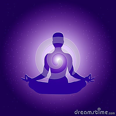 Silhouette of Person in yoga lotus asana on dark blue purple starry background with light Stock Photo