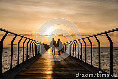 Silhouette of persons waking at Pont Del Petroli at sunrise in Barcelona in Spain Stock Photo