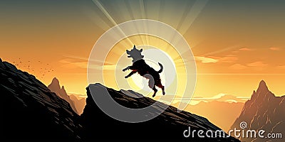 Silhouette Pet, Dog jumps on peak cliff with sunset background. Pet shop new year concept Stock Photo