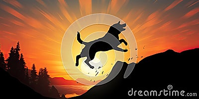 Silhouette Pet, Dog jumps on peak cliff with sunset background. Pet shop new year concept Stock Photo
