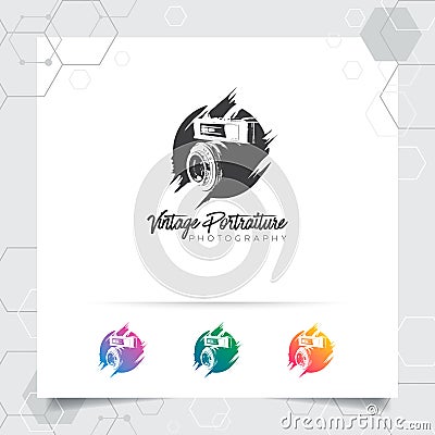 Silhouette photography logo design with concept of vintage camera lens icon and photo vector for photographer, studio photo, and Vector Illustration