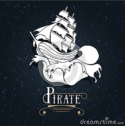 Silhouette of a pirate ship with waves. Vector Illustration