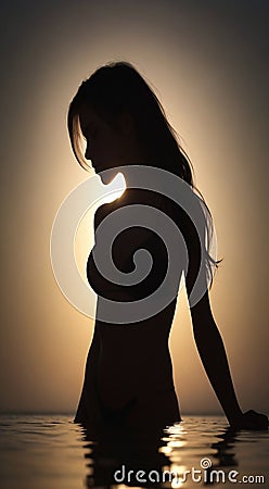 silhouette of a woman in a bikini, silhouette of a woman in the sunset, silhouette of a person in the water Stock Photo