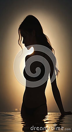 silhouette of a woman in a bikini, silhouette of a woman in the sunset, silhouette of a person in the water Stock Photo