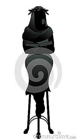 Silhouette of priestess with a laurel wreath reading a book sitting on a tripod, like a Greek pythia, isolated o white background Stock Photo