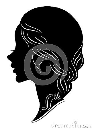 Silhouette profile of a cute lady`s head. The girl shows the female hairstyle braid on medium and long hair. Suitable for Cartoon Illustration