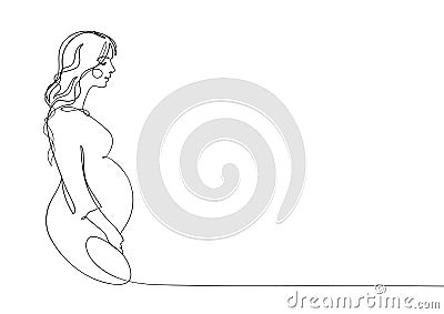 Silhouette and profile of a pregnant woman, one line drawing. Pregnancy minimalist sketch, mom with tummy side view. Aesthetic Vector Illustration