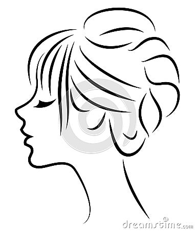 Silhouette of a profile of a sweet lady`s head. The girl shows a female hairstyle on medium and long hair. Suitable for logo, Cartoon Illustration