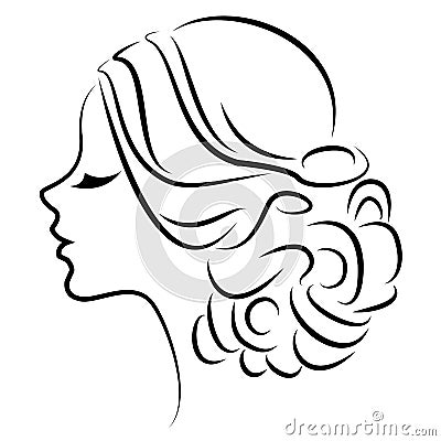 Silhouette of a profile of a sweet lady`s head. The girl shows a female hairstyle on medium and long hair. Suitable for logo, Cartoon Illustration