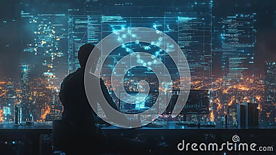 A silhouette of a programmer working on a computer with a glowing digital interface in the background Stock Photo