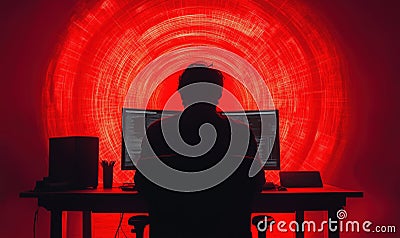 Silhouette of Programmer Working at Computer with Red Light Background Stock Photo