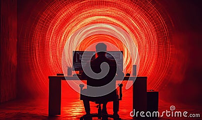 Silhouette of Programmer Working at Desk with Red Light Background and Code on Screens Stock Photo