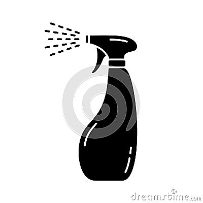 Silhouette Pulverizer vial. Outline icon of hand-shaped figured bottle with atomizer and flying drops. Illustration of sprayer, Vector Illustration