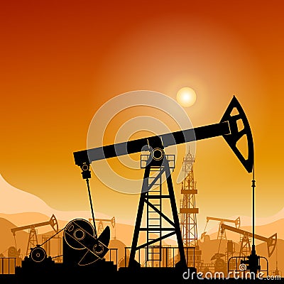 Silhouette Pump Jack at Sunset Vector Illustration