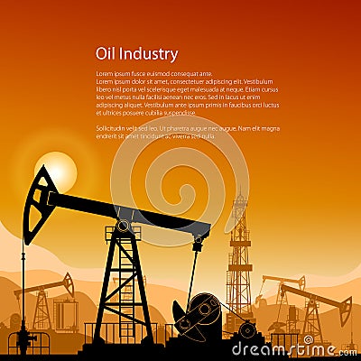 Silhouette Pump Jack at Sunset and Text Vector Illustration